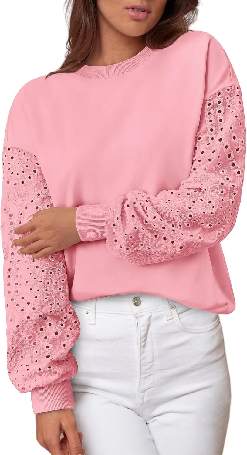 MASCOMODA Fall Fashion 2024 Blouses for Women Dressy Casual Lace Long Sleeve Tops Crewneck Eyelet Knit T Shirts Sweatshirt