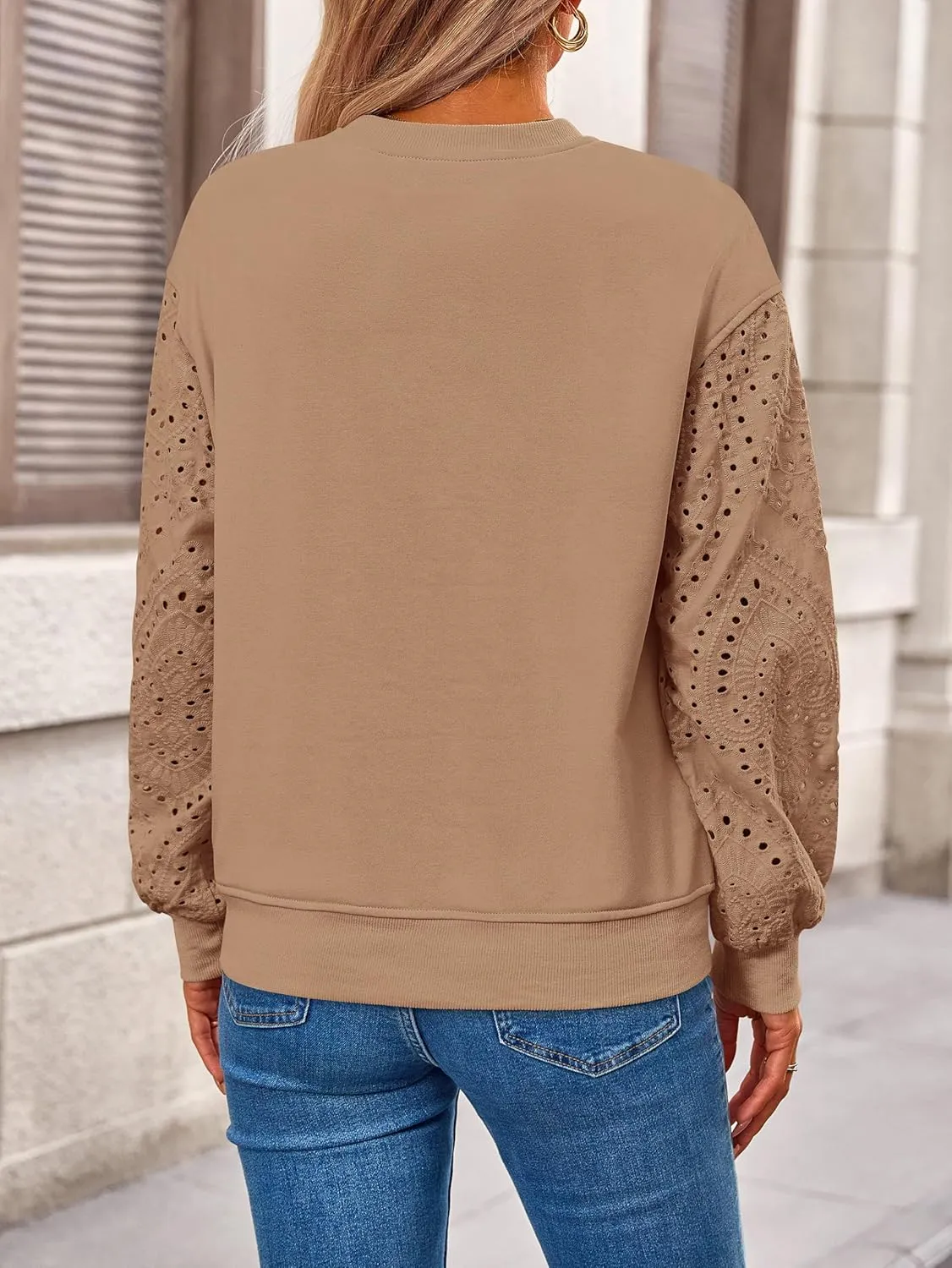 MASCOMODA Fall Fashion 2024 Blouses for Women Dressy Casual Lace Long Sleeve Tops Crewneck Eyelet Knit T Shirts Sweatshirt