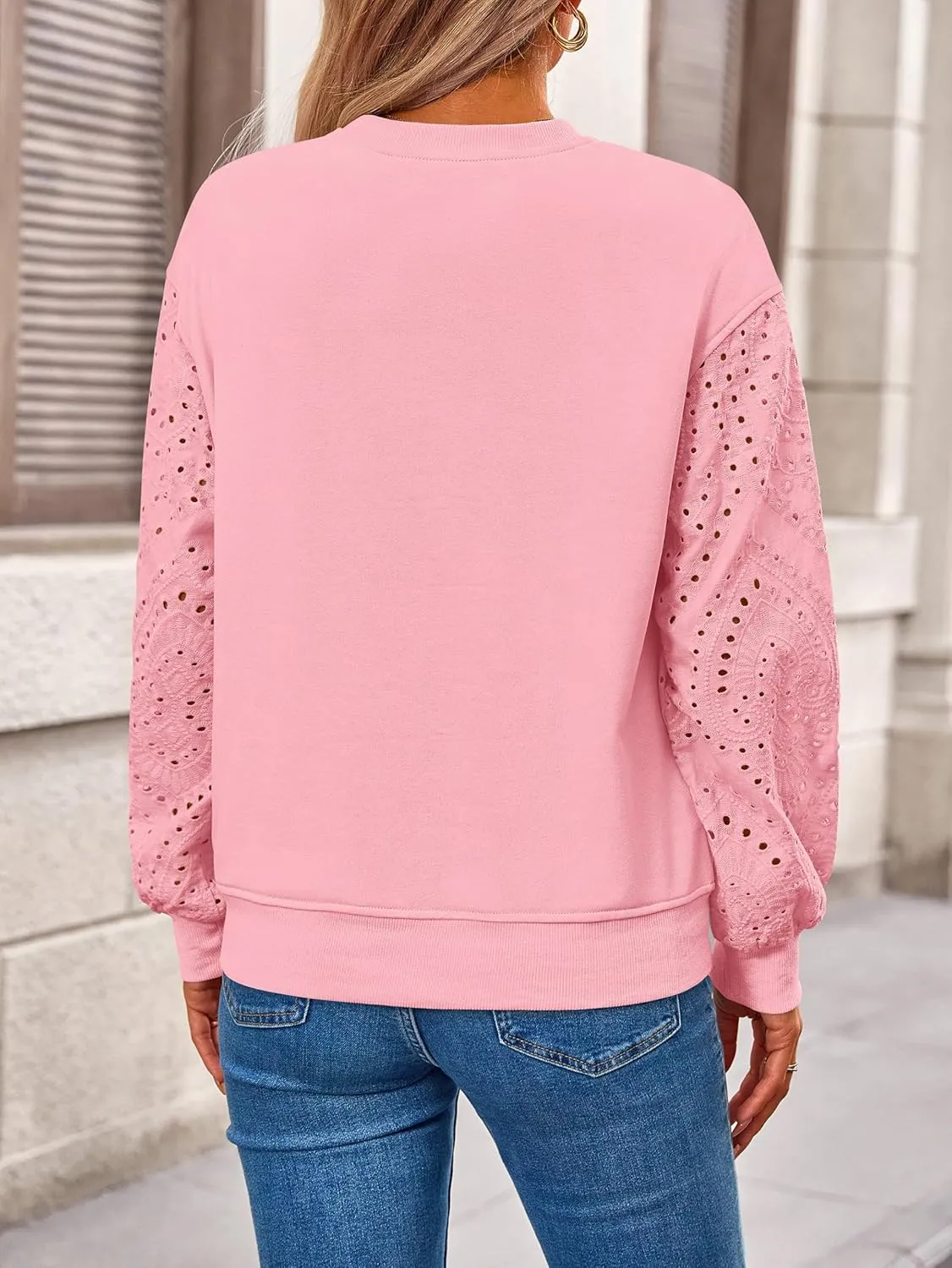 MASCOMODA Fall Fashion 2024 Blouses for Women Dressy Casual Lace Long Sleeve Tops Crewneck Eyelet Knit T Shirts Sweatshirt