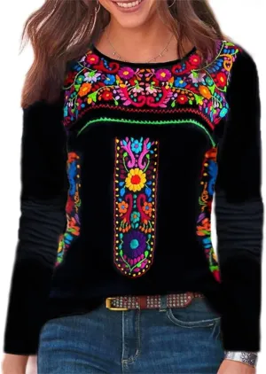 Melliflo Long Sleeve Mexican Shirts for Women Floral Embroidered Peasant Blouse Ethnic Style Boho T-Shirts