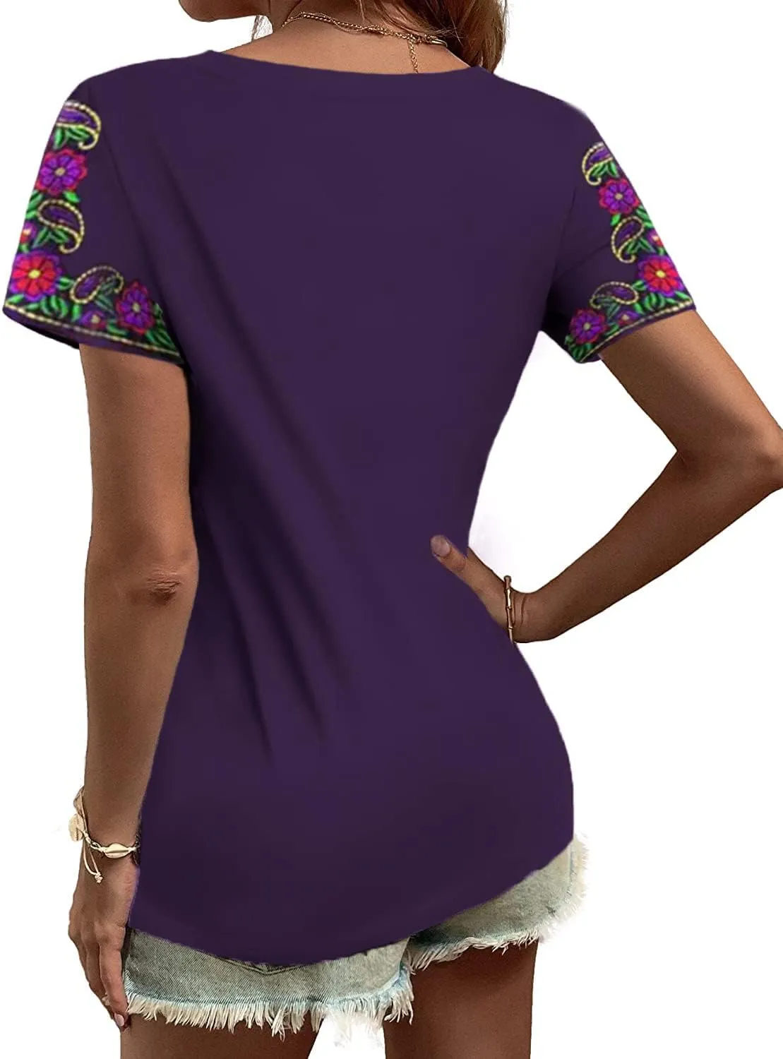 Melliflo Short Sleeve Mexican Tee Shirts for Women Floral Embroidered Loose Tops Ethnic Style Boho T-Shirts