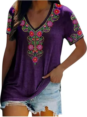Melliflo Short Sleeve Mexican Tee Shirts for Women Floral Embroidered Loose Tops Ethnic Style Boho T-Shirts