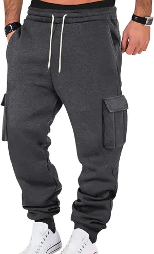 Mens Cargo Sweatpants Cotton Fleece Lined Joggers Pants Baggy Drawstring Elastic Waist Multi Pockets Workout Pants