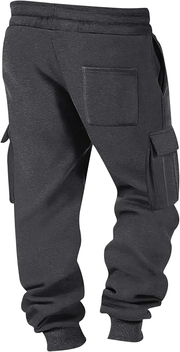 Mens Cargo Sweatpants Cotton Fleece Lined Joggers Pants Baggy Drawstring Elastic Waist Multi Pockets Workout Pants