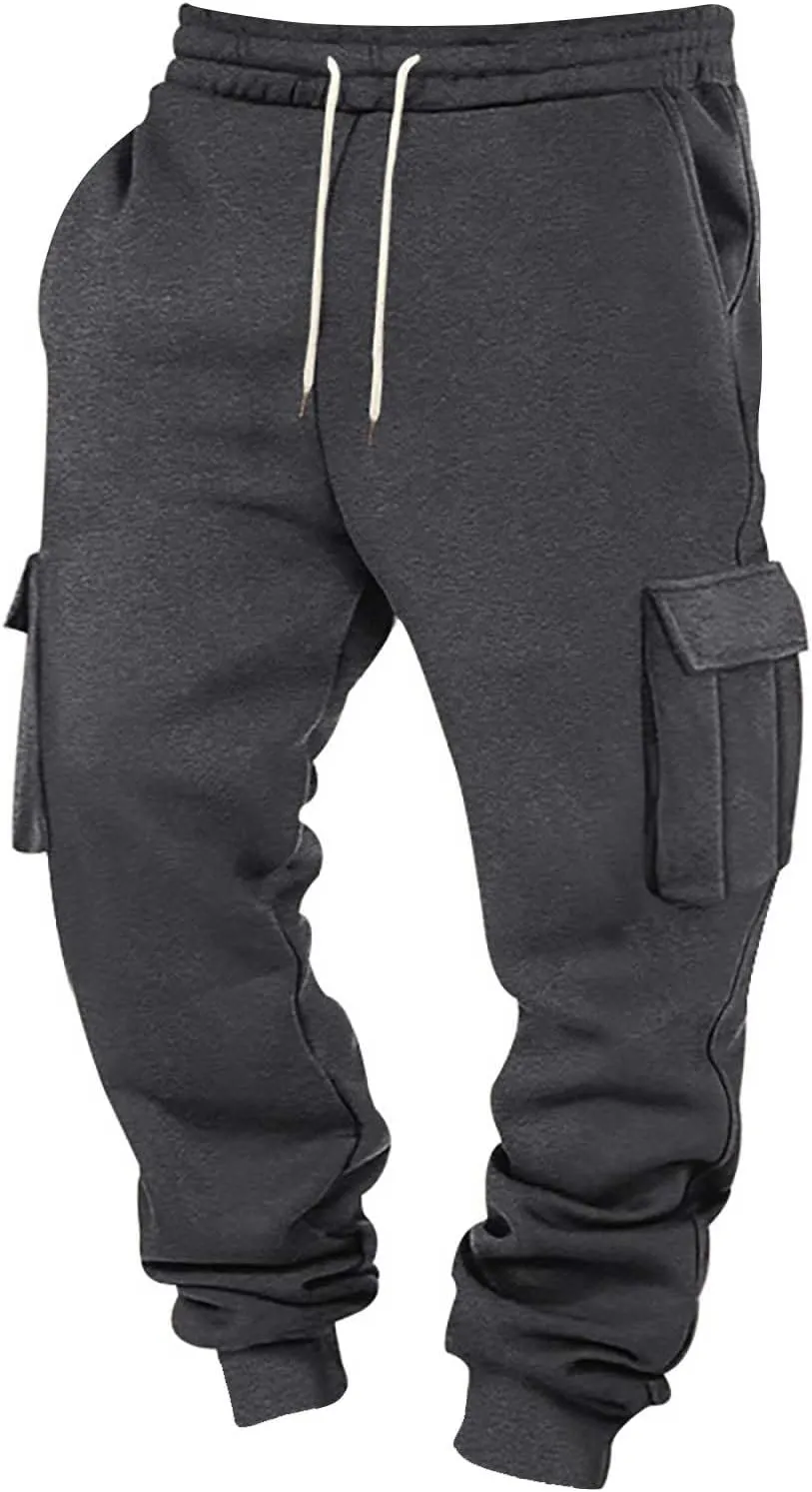 Mens Cargo Sweatpants Cotton Fleece Lined Joggers Pants Baggy Drawstring Elastic Waist Multi Pockets Workout Pants
