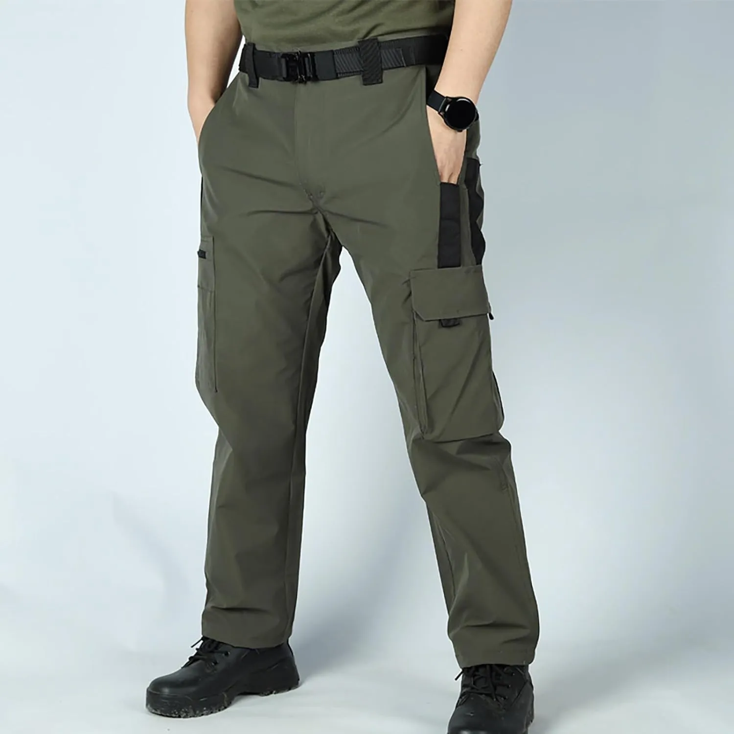 Men's Outdoor Cargo Pants Utility Elastic Waist Pockets Zipper Relaxed Fit Tactical Pants Stretch Jogging Sweatpants