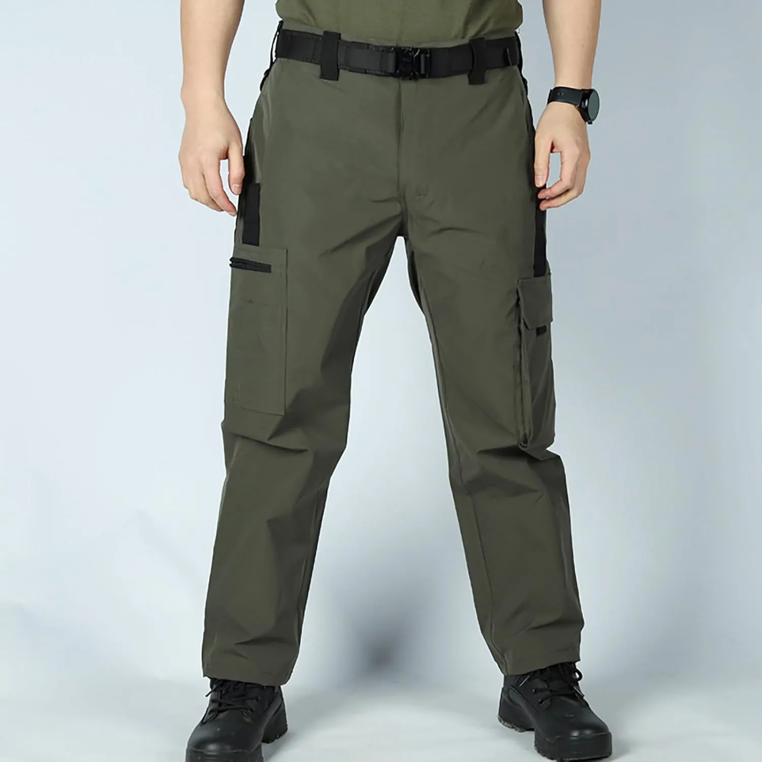 Men's Outdoor Cargo Pants Utility Elastic Waist Pockets Zipper Relaxed Fit Tactical Pants Stretch Jogging Sweatpants