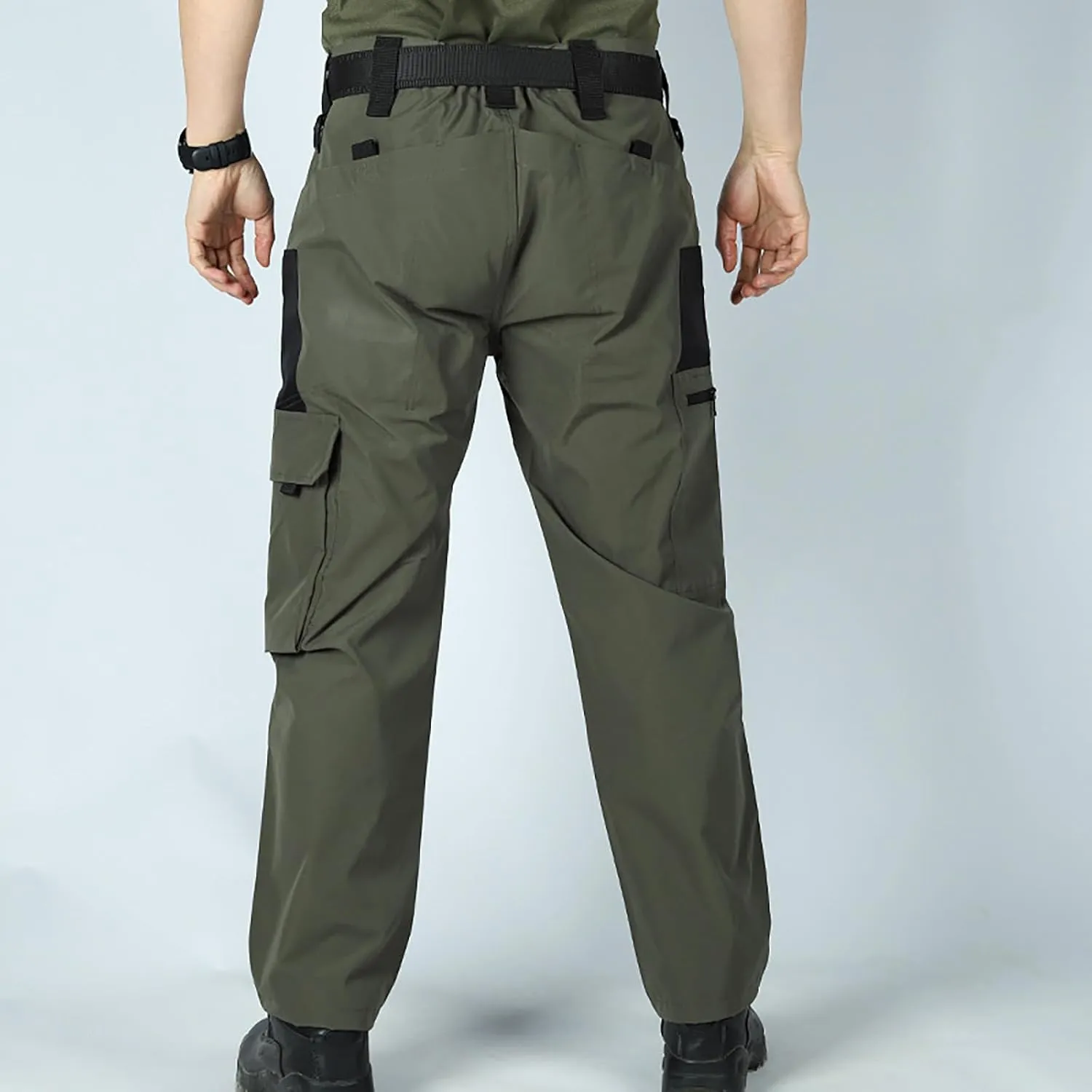 Men's Outdoor Cargo Pants Utility Elastic Waist Pockets Zipper Relaxed Fit Tactical Pants Stretch Jogging Sweatpants