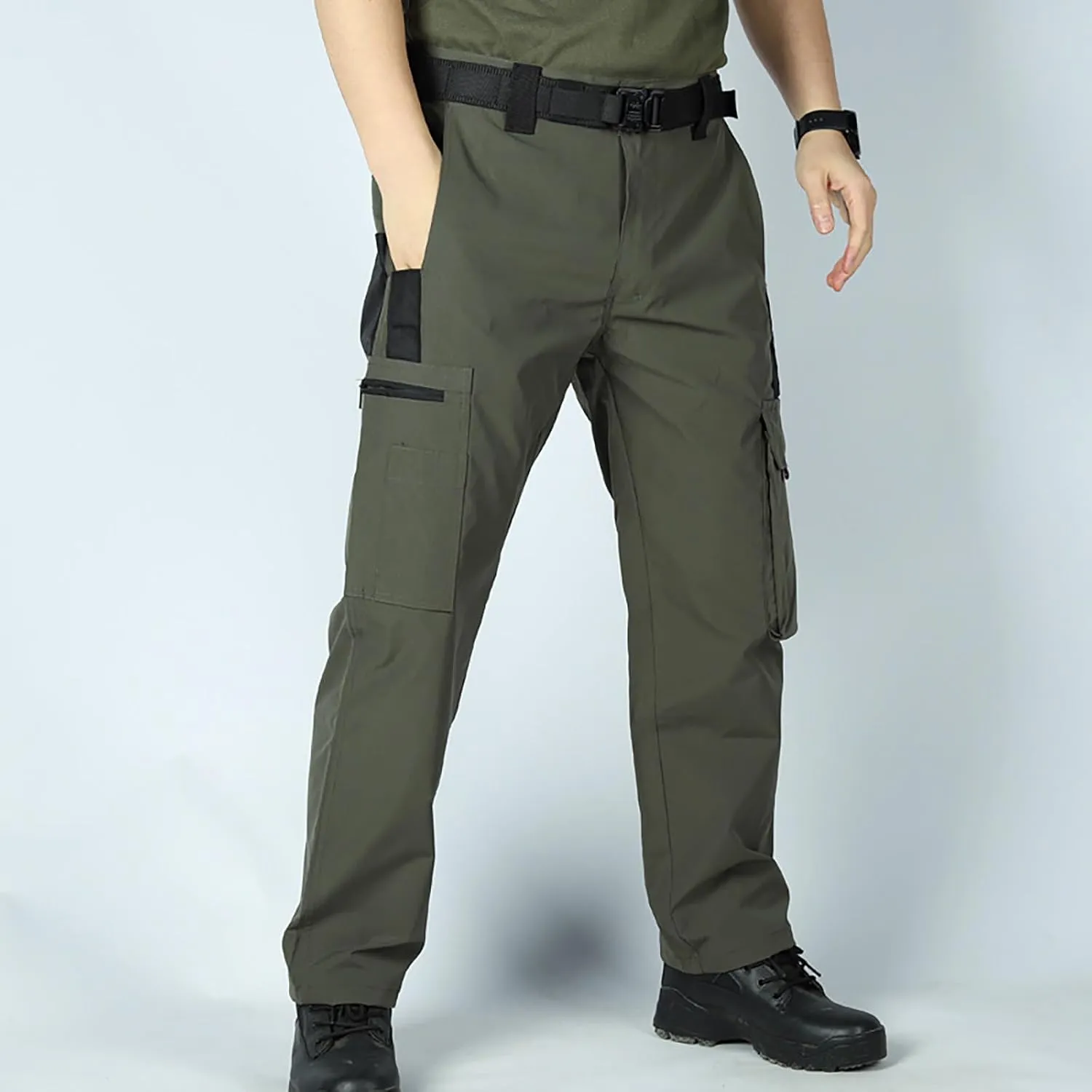 Men's Outdoor Cargo Pants Utility Elastic Waist Pockets Zipper Relaxed Fit Tactical Pants Stretch Jogging Sweatpants