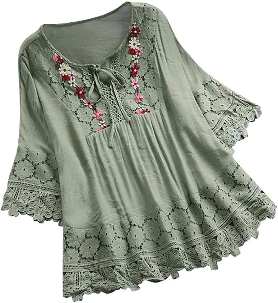 Mexican Embroidered Shirts for Women Boho Tops and Blouses 3/4 Sleeve Bohemian Peasant Summer Plus Size Tunic Top