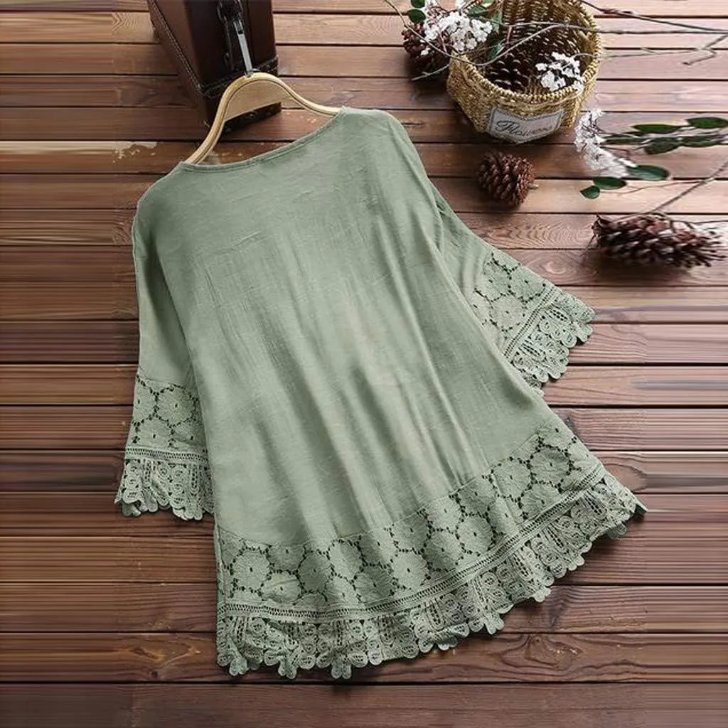 Mexican Embroidered Shirts for Women Boho Tops and Blouses 3/4 Sleeve Bohemian Peasant Summer Plus Size Tunic Top