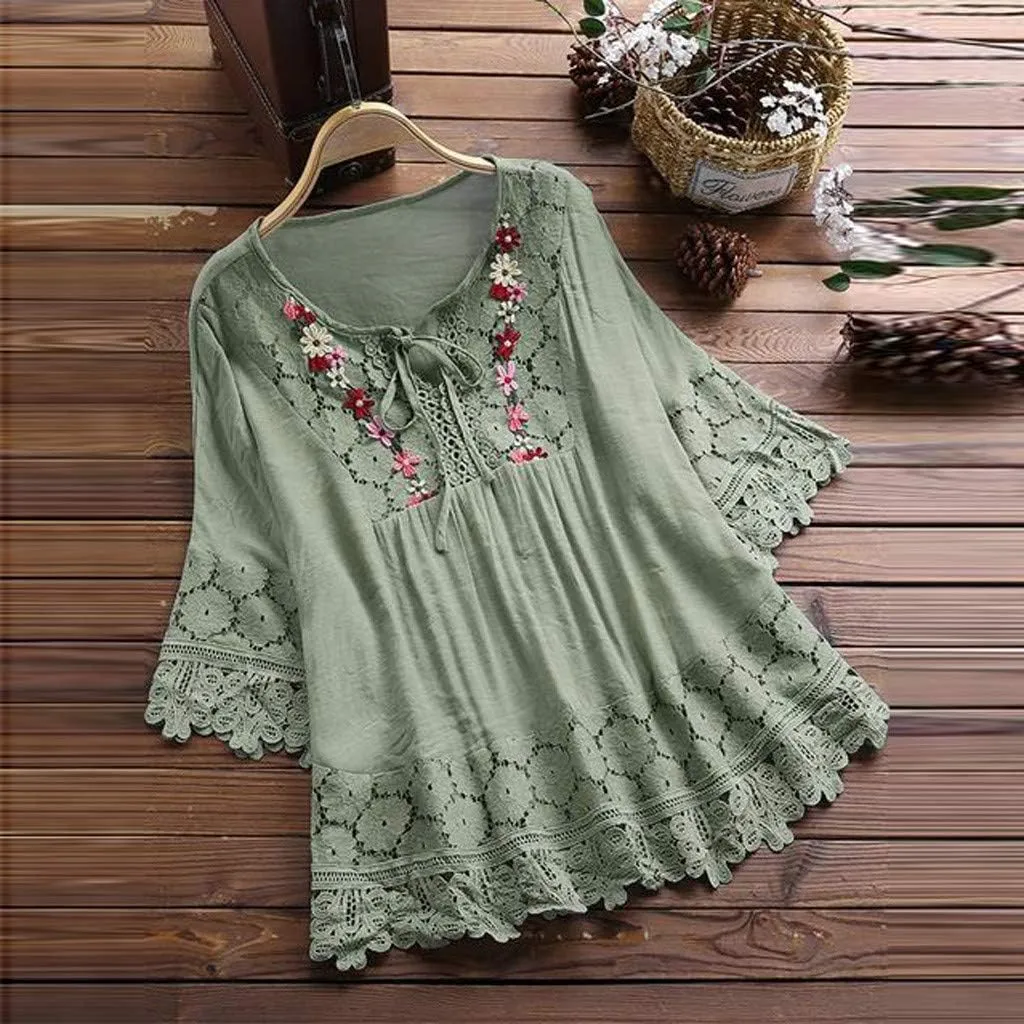 Mexican Embroidered Shirts for Women Boho Tops and Blouses 3/4 Sleeve Bohemian Peasant Summer Plus Size Tunic Top