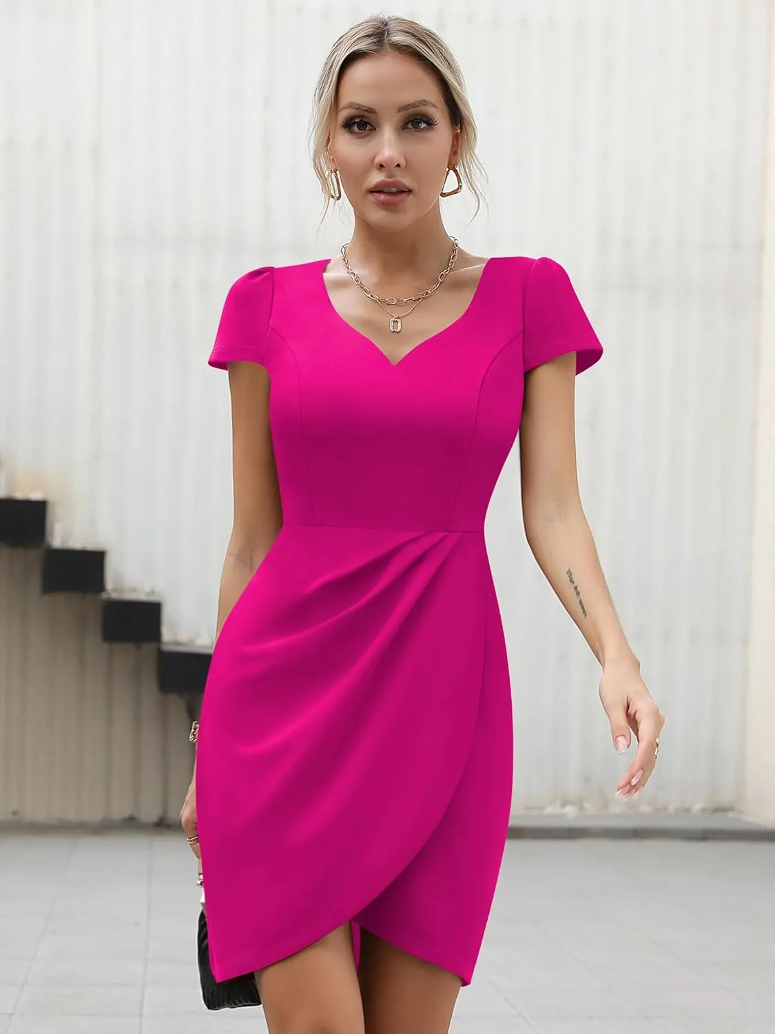 Missufe Women's Short Sleeve Sweetheart Ruched Fitted Wrap Mini Summer Party Formal Dress