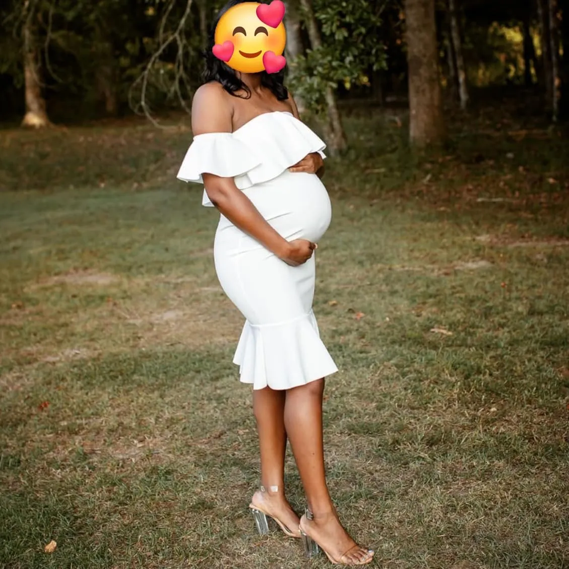 Off The Shoulder Maternity Dress Summer, Elegant Baby Shower Dress Bodycon Mermaid Midi with Ruffle Short Sleeves for Women