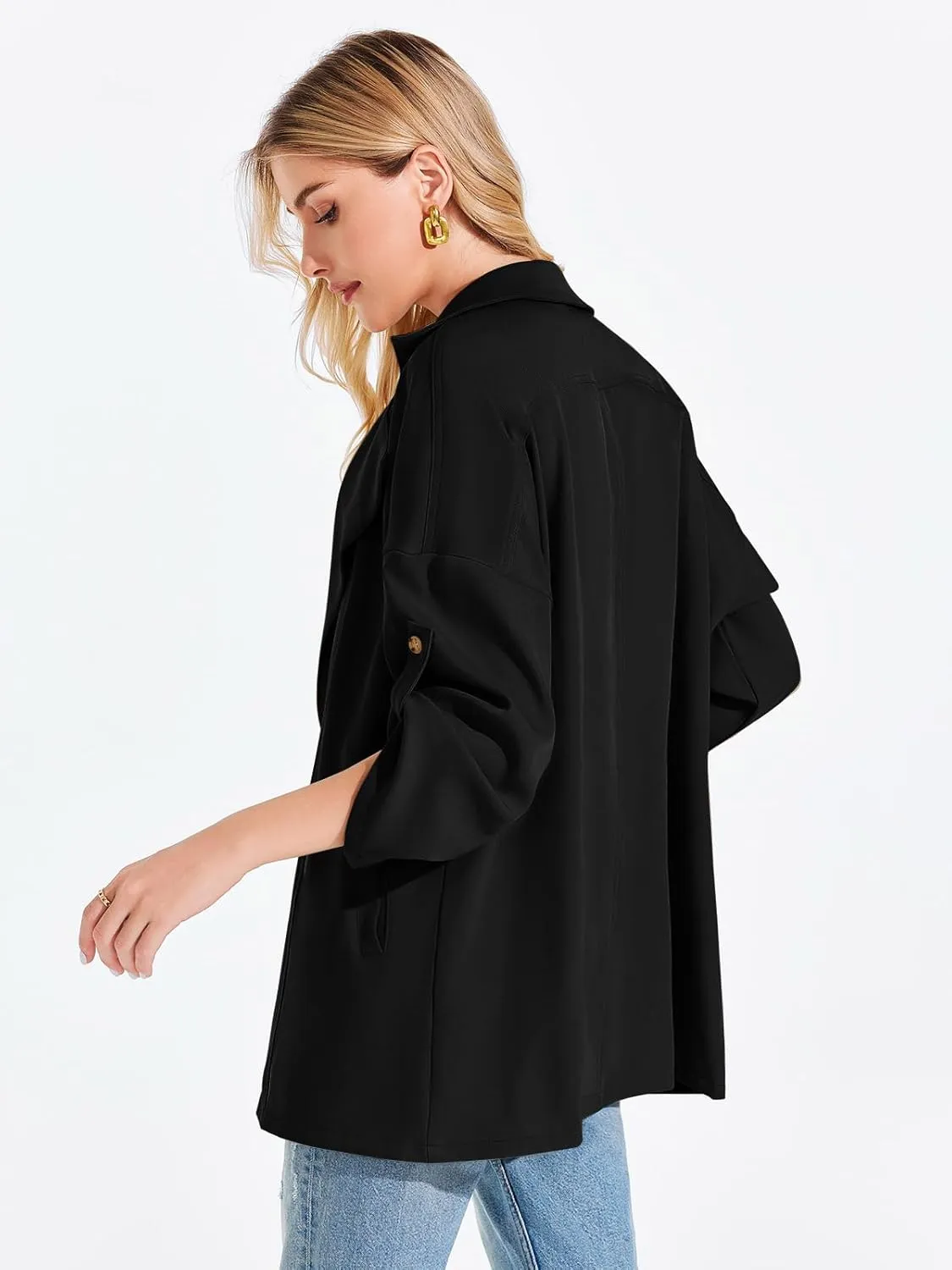 Onedreamer Women's Long Sleeve Roll Up Open Front Casual Jackets Trendy Lapel Collar Lightweight Blazer with Pockets