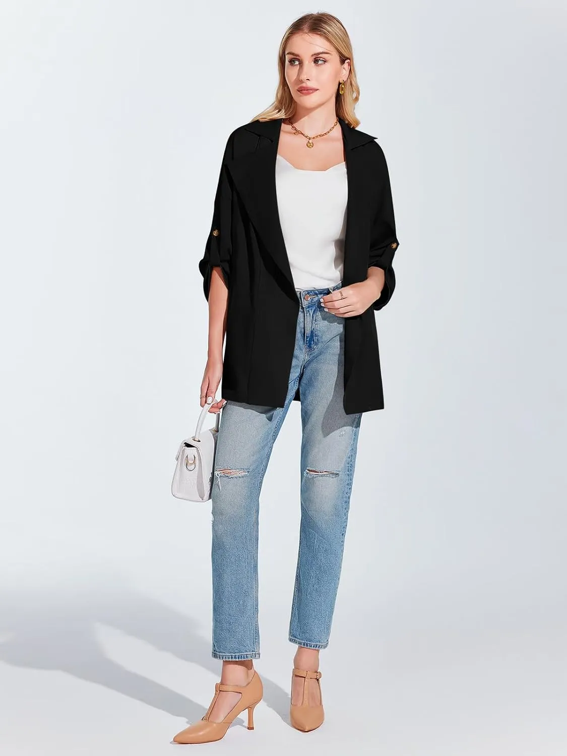 Onedreamer Women's Long Sleeve Roll Up Open Front Casual Jackets Trendy Lapel Collar Lightweight Blazer with Pockets
