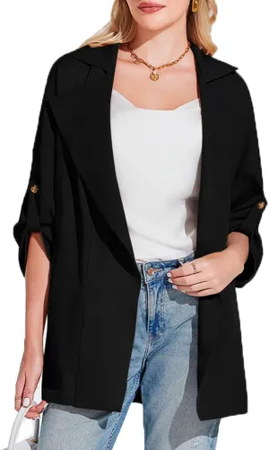 Onedreamer Women's Long Sleeve Roll Up Open Front Casual Jackets Trendy Lapel Collar Lightweight Blazer with Pockets