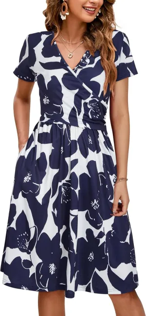 OUGES Women's 2025 Fashion V Neck Midi Dress with Pockets Maternity Clothes Nursing Dresses