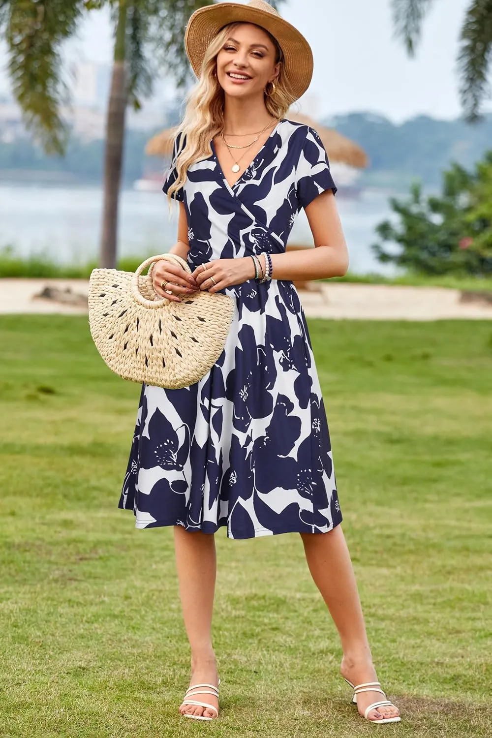 OUGES Women's 2025 Fashion V Neck Midi Dress with Pockets Maternity Clothes Nursing Dresses