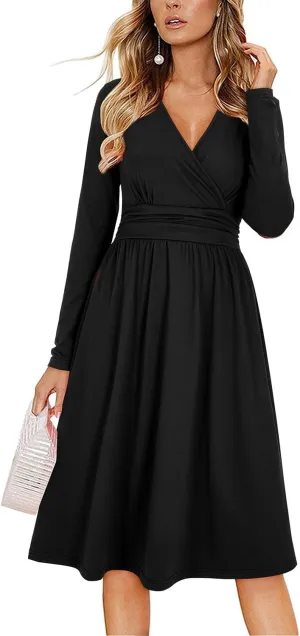 OUGES Women's Fall Winter Dresses for Women 2024 Long Sleeve V Neck Work Outfits with Pockets