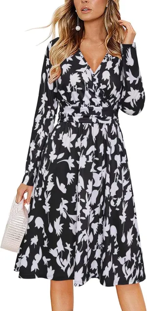 OUGES Women's Fall Winter Dresses for Women 2024 Long Sleeve V Neck Work Outfits with Pockets