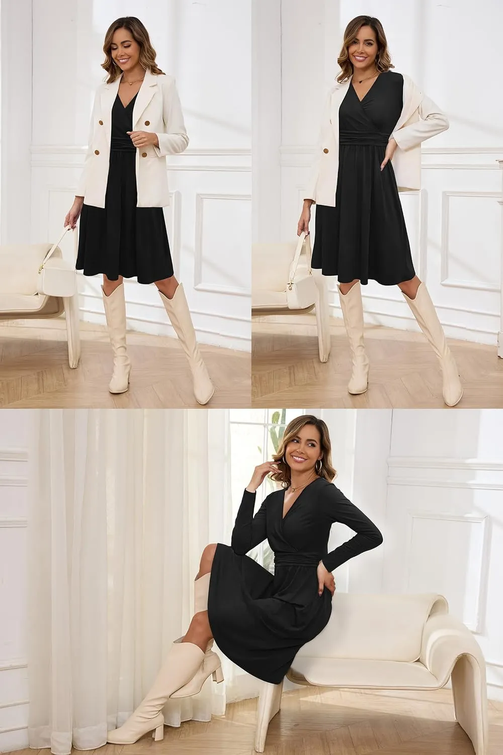 OUGES Women's Fall Winter Dresses for Women 2024 Long Sleeve V Neck Work Outfits with Pockets