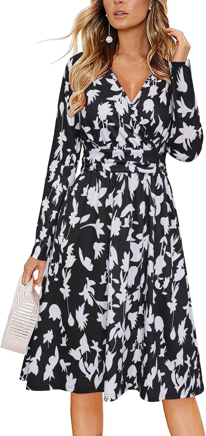 OUGES Women's Fall Winter Dresses for Women 2024 Long Sleeve V Neck Work Outfits with Pockets