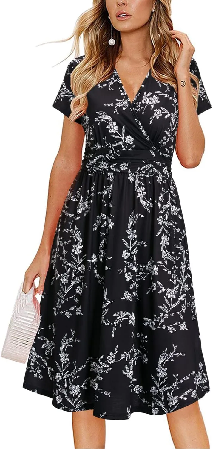 OUGES Women's Summer Short Sleeve V-Neck Floral Short Party Dress with Pockets