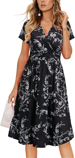 OUGES Women's Summer Short Sleeve V-Neck Floral Short Party Dress with Pockets