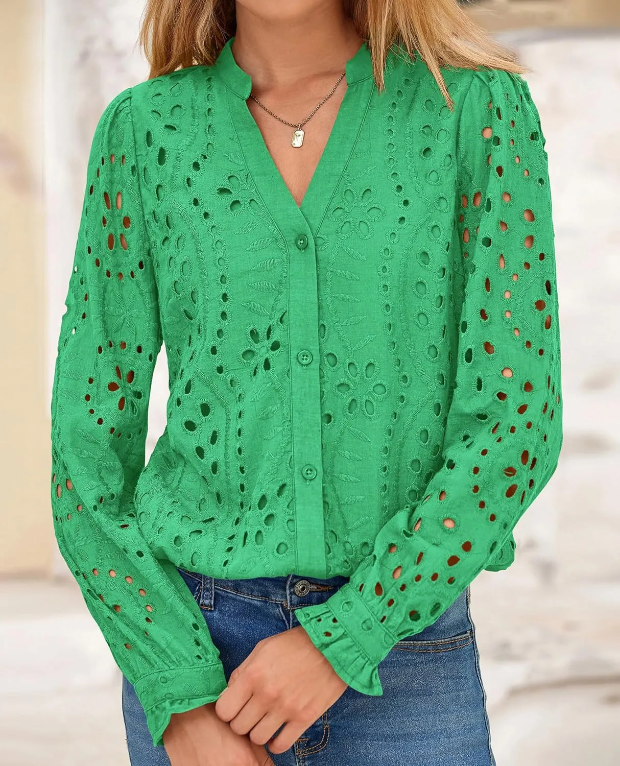 PRETTYGARDEN Women's Eyelet Tops 2025 Spring Dressy Casual Blouses Lace Long Sleeve Button V Neck Shirts