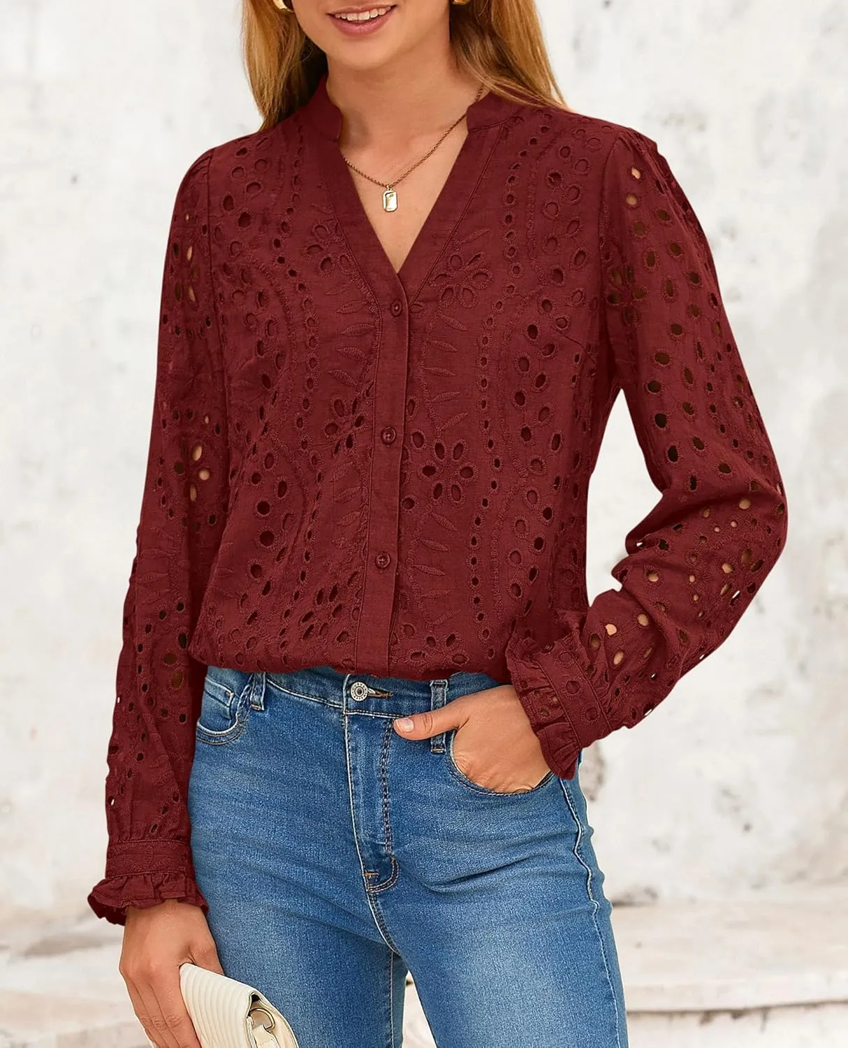 PRETTYGARDEN Women's Eyelet Tops 2025 Spring Dressy Casual Blouses Lace Long Sleeve Button V Neck Shirts