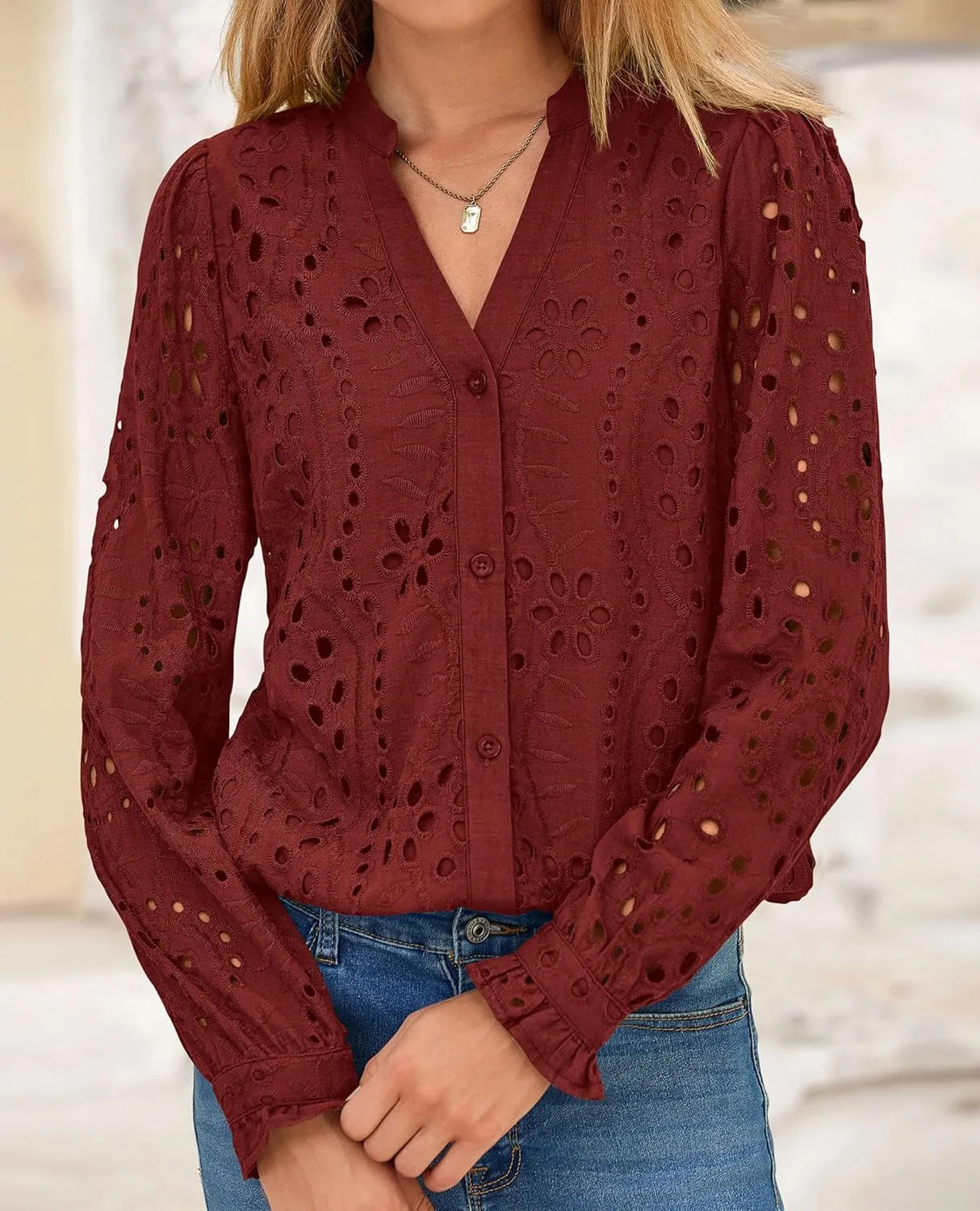 PRETTYGARDEN Women's Eyelet Tops 2025 Spring Dressy Casual Blouses Lace Long Sleeve Button V Neck Shirts