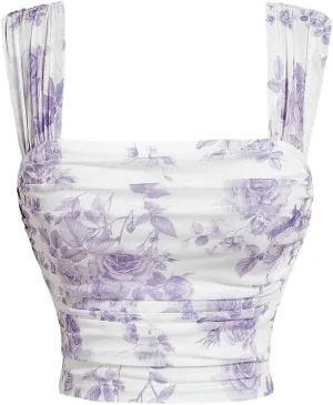 SOLY HUX Women's Floral Print Tank Tops Square Neck Sleeveless Going Out Tops Double Lined Summer Crop Tank Tops