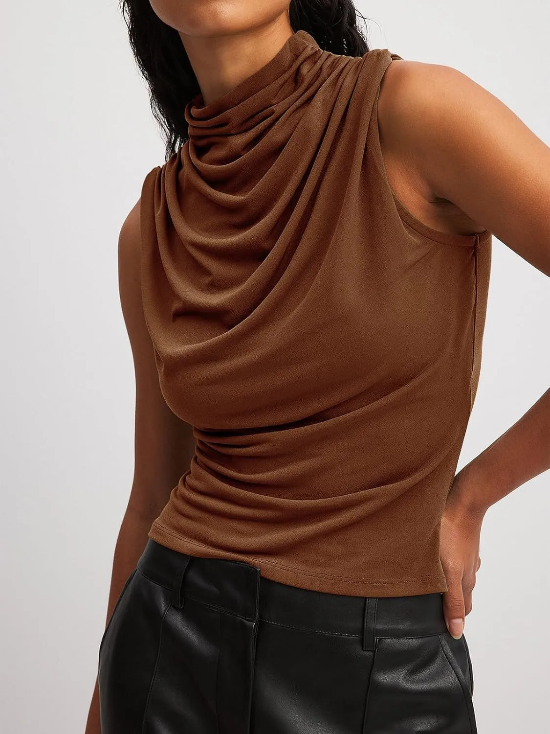 Tankaneo Womens Sleeveless Tank Tops Slim Fitted Mock Neck Draped Stretchy Summer Casual Ruched Tops