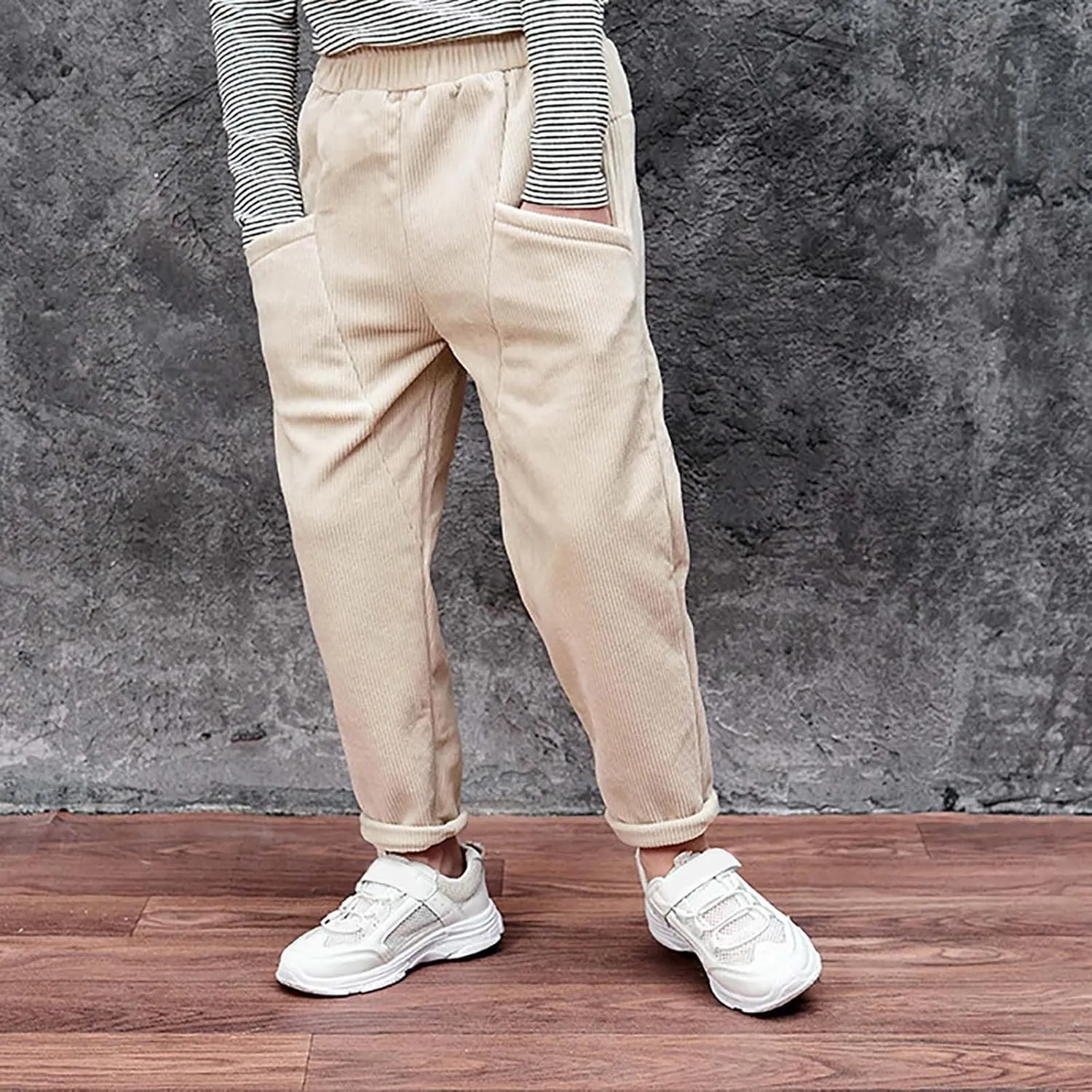 Toddler Kids Boys Girls Corduroy Pants Warm Fleece Lined Thick Pants Pull On Elastic Waist Jogger Sweatpants