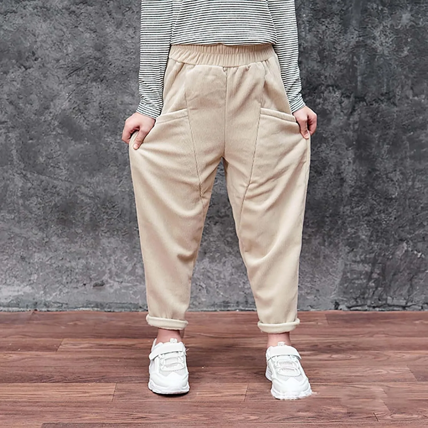 Toddler Kids Boys Girls Corduroy Pants Warm Fleece Lined Thick Pants Pull On Elastic Waist Jogger Sweatpants