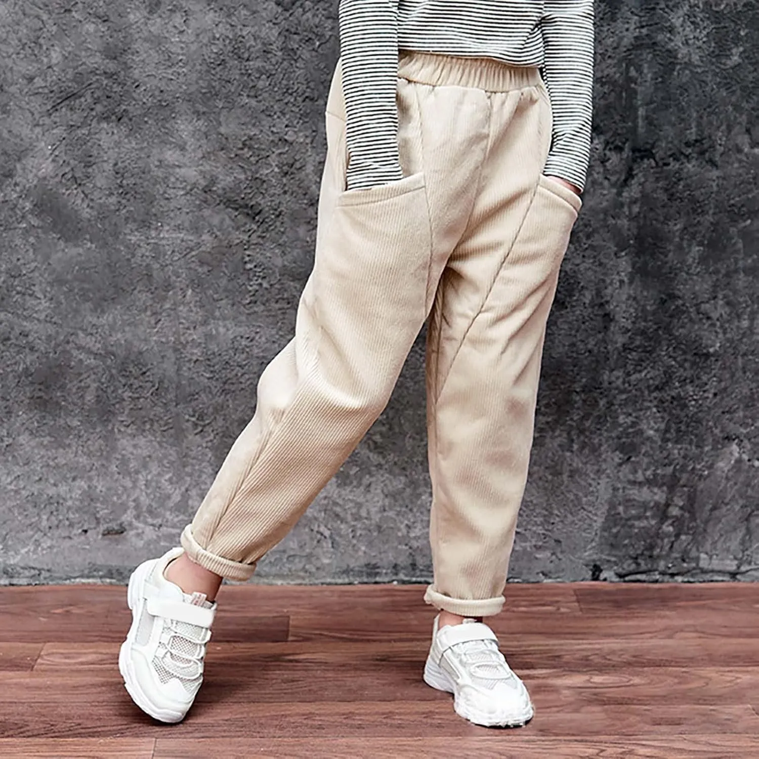 Toddler Kids Boys Girls Corduroy Pants Warm Fleece Lined Thick Pants Pull On Elastic Waist Jogger Sweatpants