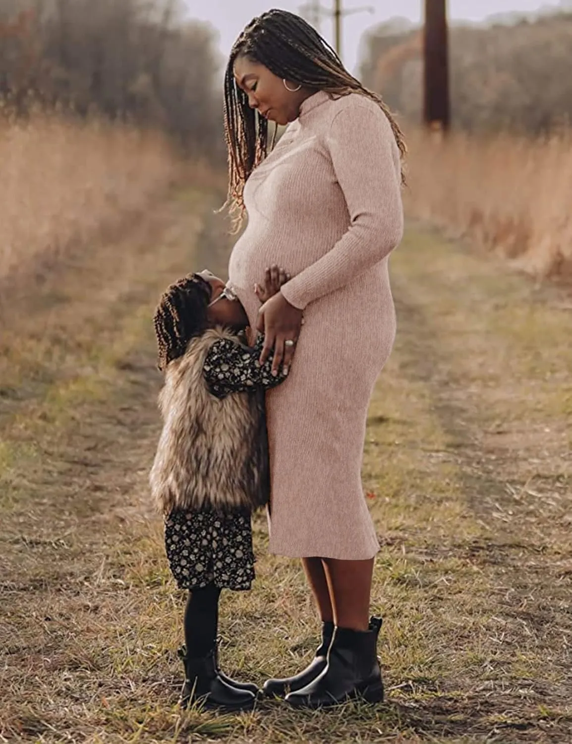 Turtleneck Ribbed Maternity Dress/Ruched Knit Sweater Bodycon Pregnancy Dress Casual Wear Baby Shower