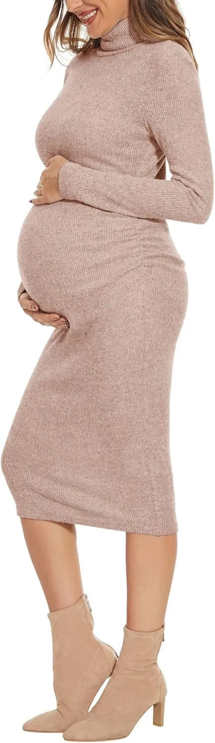 Turtleneck Ribbed Maternity Dress/Ruched Knit Sweater Bodycon Pregnancy Dress Casual Wear Baby Shower