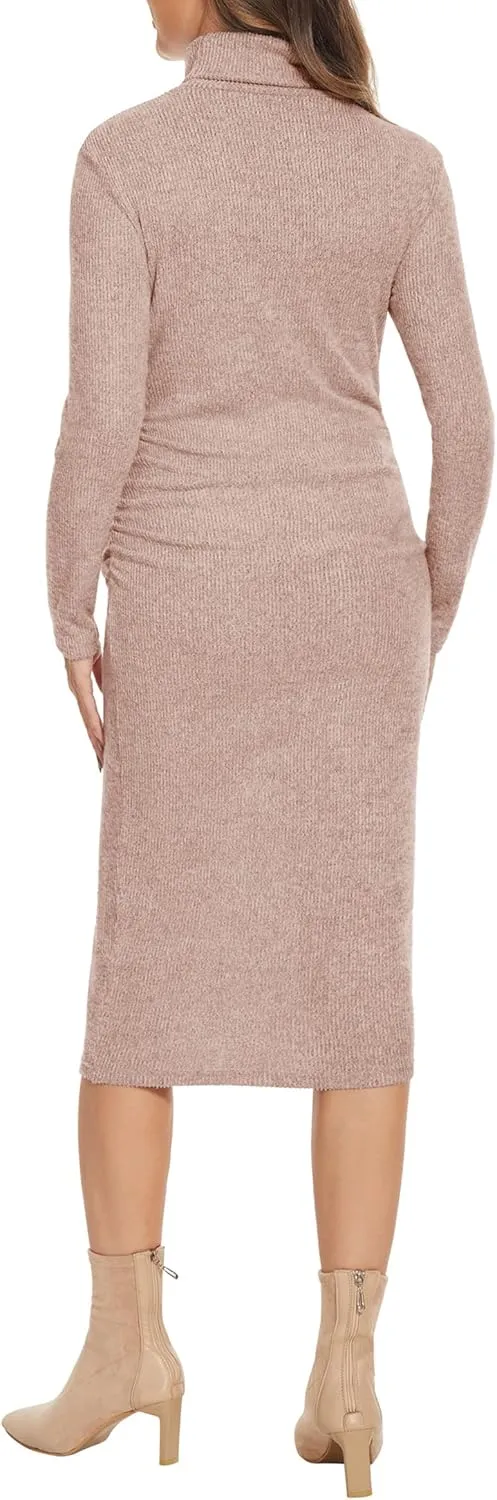 Turtleneck Ribbed Maternity Dress/Ruched Knit Sweater Bodycon Pregnancy Dress Casual Wear Baby Shower