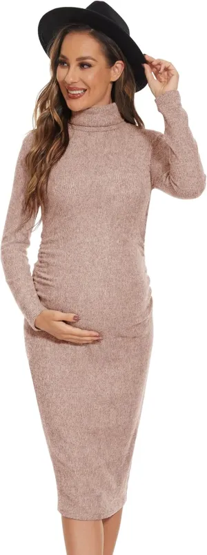 Turtleneck Ribbed Maternity Dress/Ruched Knit Sweater Bodycon Pregnancy Dress Casual Wear Baby Shower