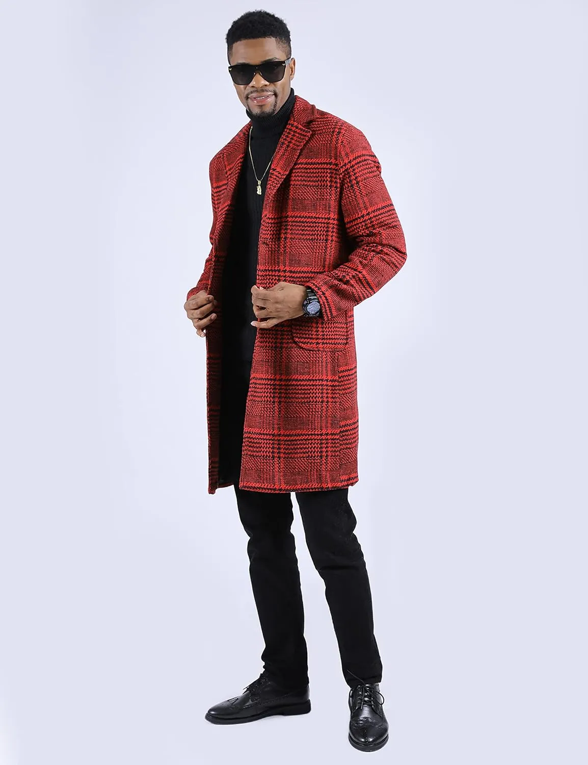 UANEO Mens Winter Trench Coat Notched Collar Single Breasted Plaid Mid Long Peacoat Overcoats with Pockets