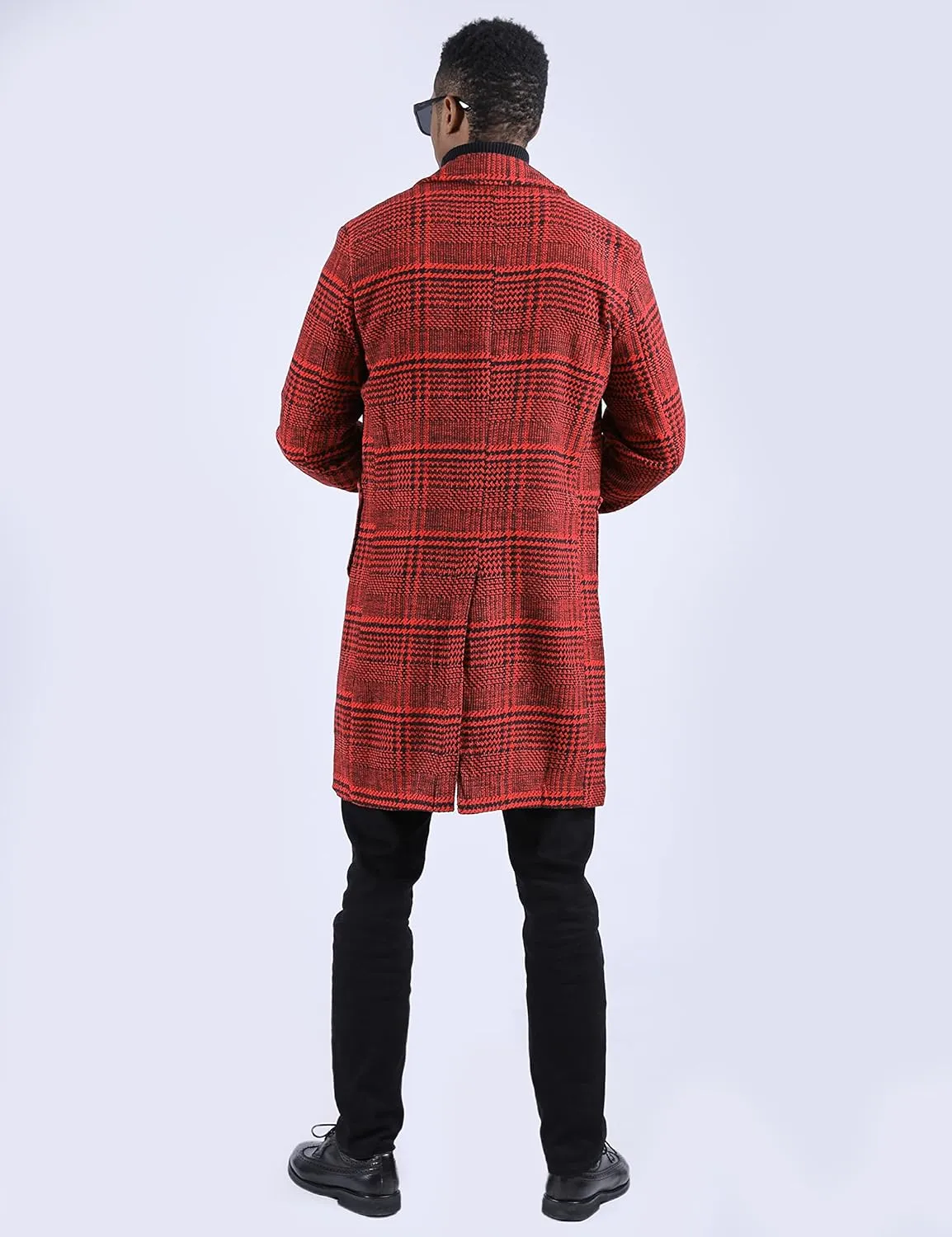 UANEO Mens Winter Trench Coat Notched Collar Single Breasted Plaid Mid Long Peacoat Overcoats with Pockets