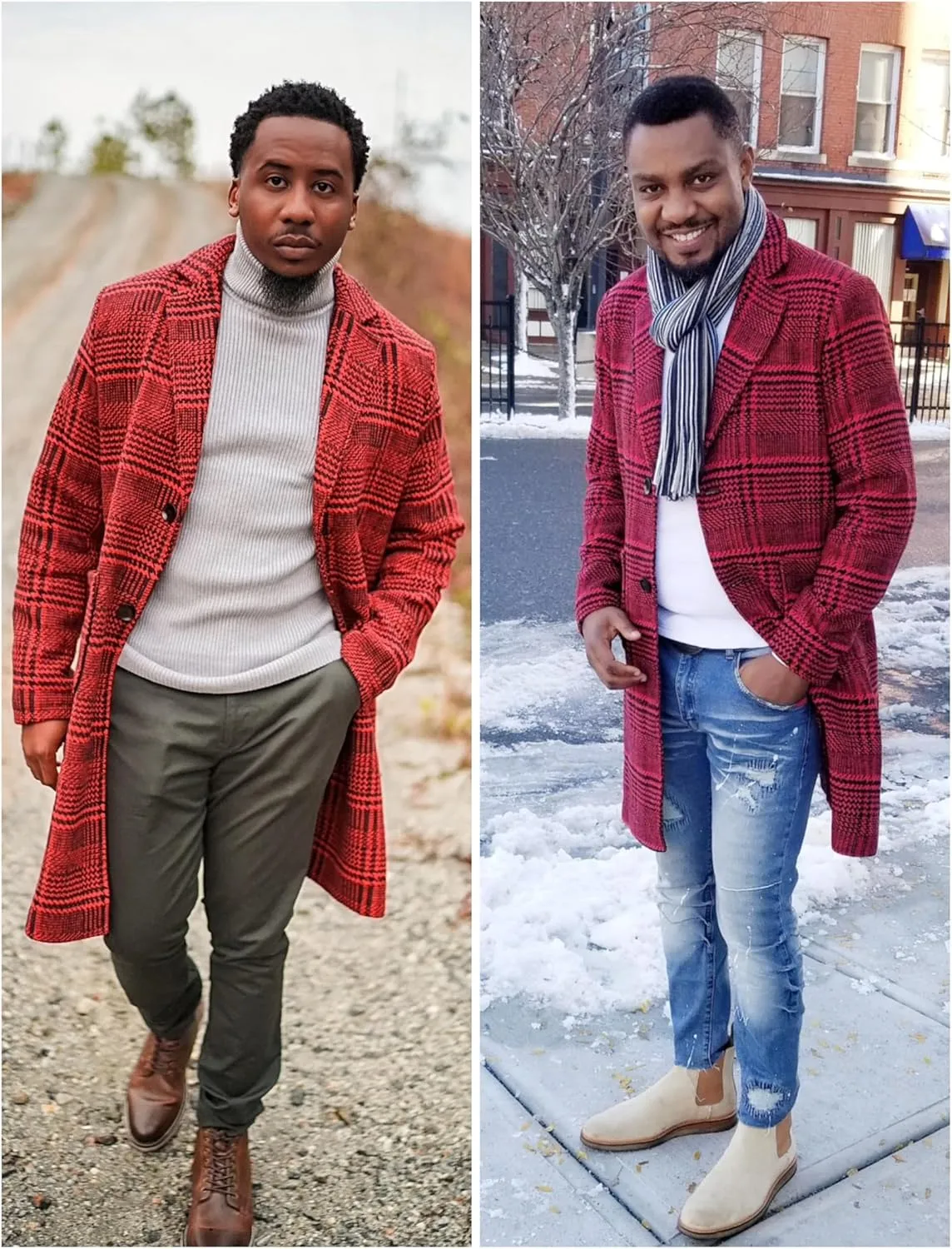 UANEO Mens Winter Trench Coat Notched Collar Single Breasted Plaid Mid Long Peacoat Overcoats with Pockets