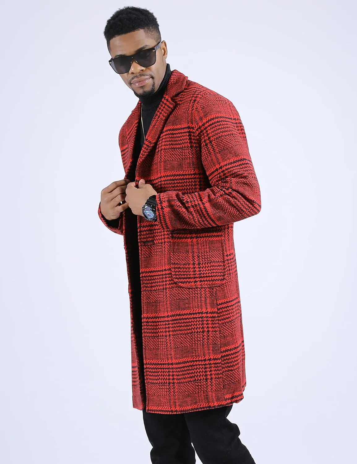 UANEO Mens Winter Trench Coat Notched Collar Single Breasted Plaid Mid Long Peacoat Overcoats with Pockets
