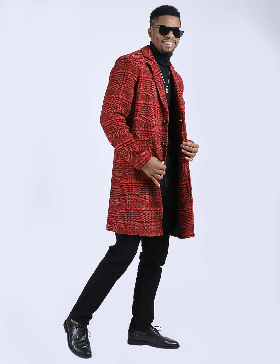 UANEO Mens Winter Trench Coat Notched Collar Single Breasted Plaid Mid Long Peacoat Overcoats with Pockets
