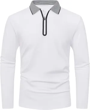 V VALANCH Zipper Polo Shirts Men Long Sleeve Golf Shirt Collared Tennis Shirt