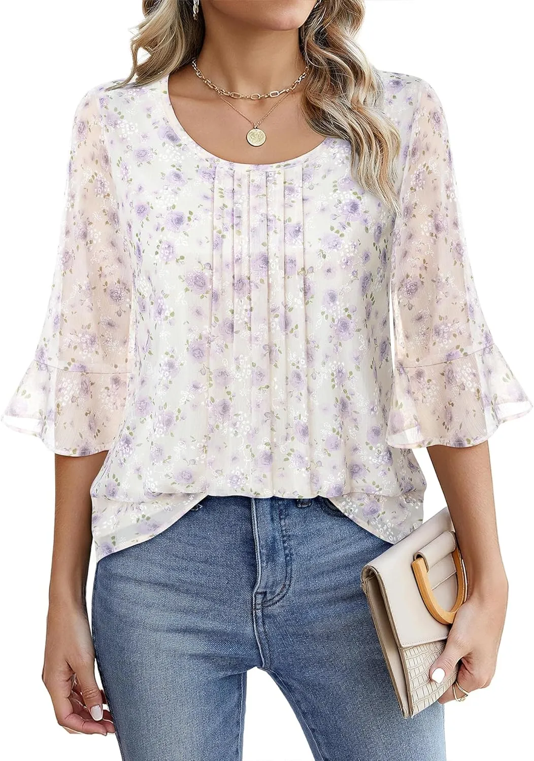 VALOLIA Womens 3/4 Sleeve Blouses Tops Dressy Casual Chiffon Pleated Embroidery Layered Shirts