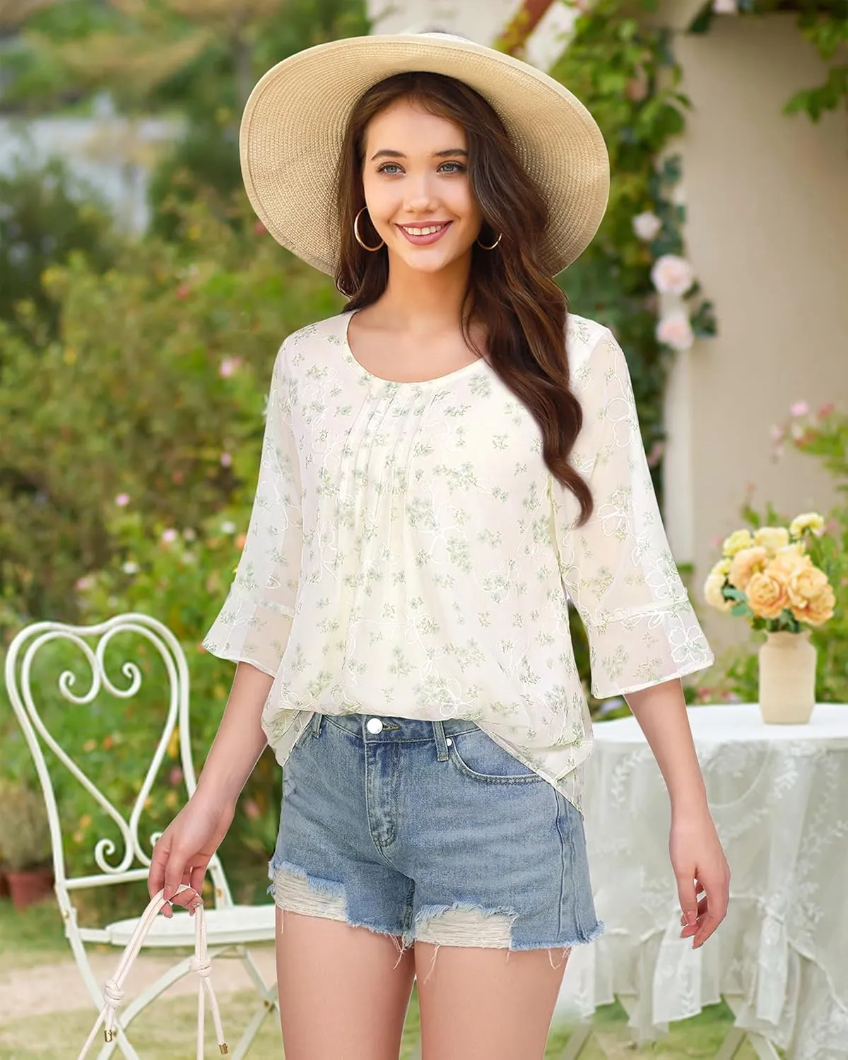 VALOLIA Womens 3/4 Sleeve Blouses Tops Dressy Casual Chiffon Pleated Embroidery Layered Shirts