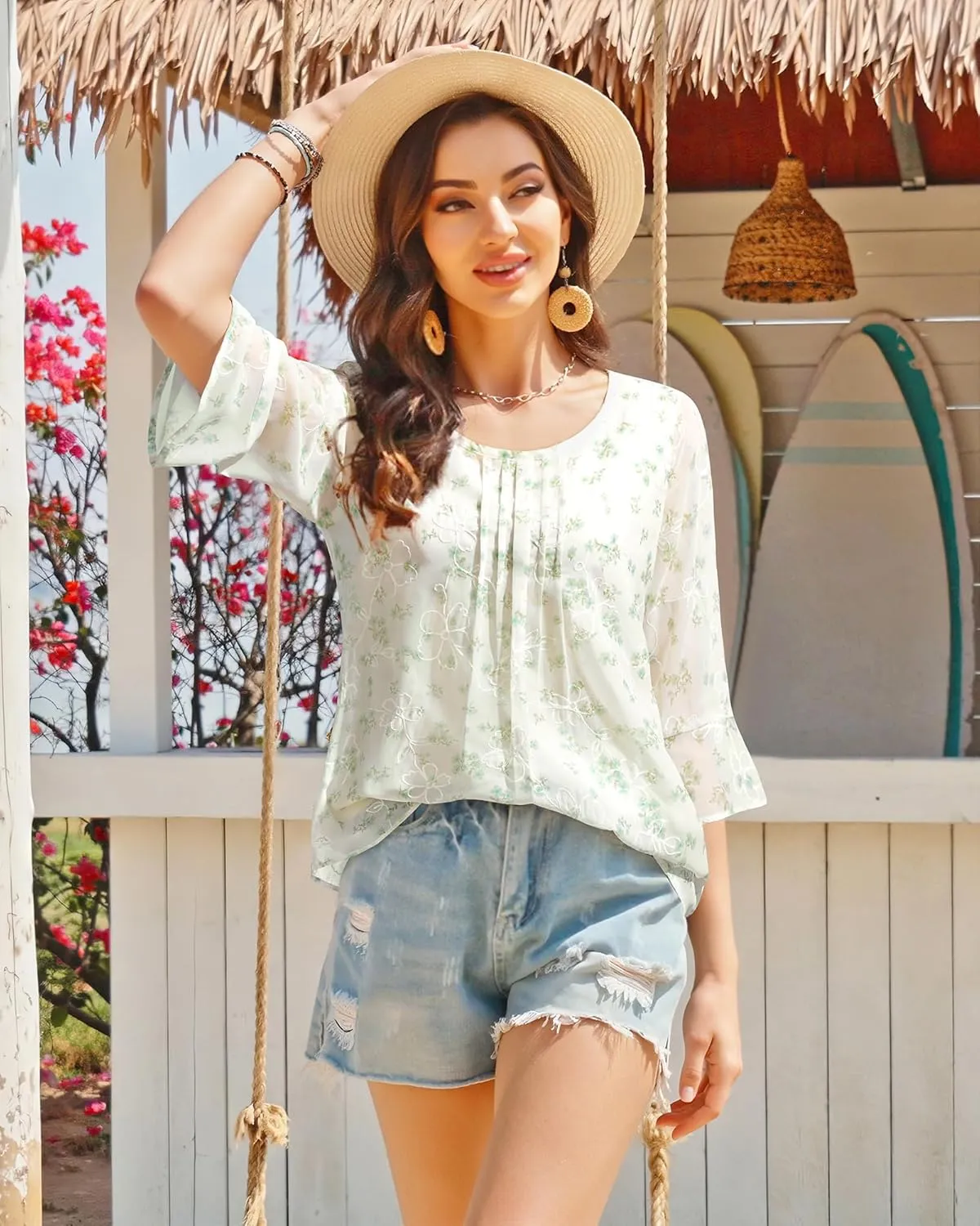 VALOLIA Womens 3/4 Sleeve Blouses Tops Dressy Casual Chiffon Pleated Embroidery Layered Shirts